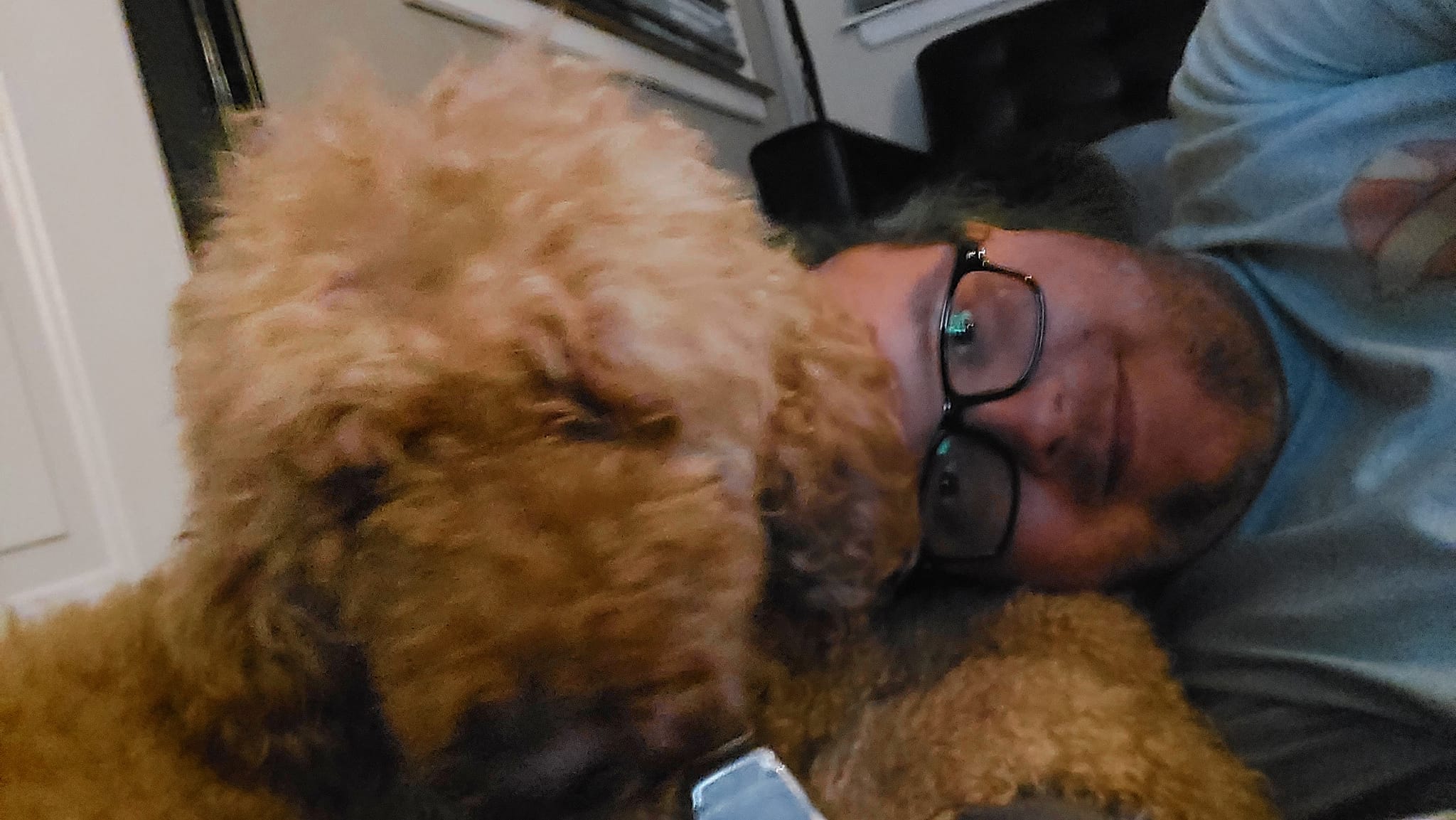 A man wearing a blue shirt lies with a golden labradoodle on the floor